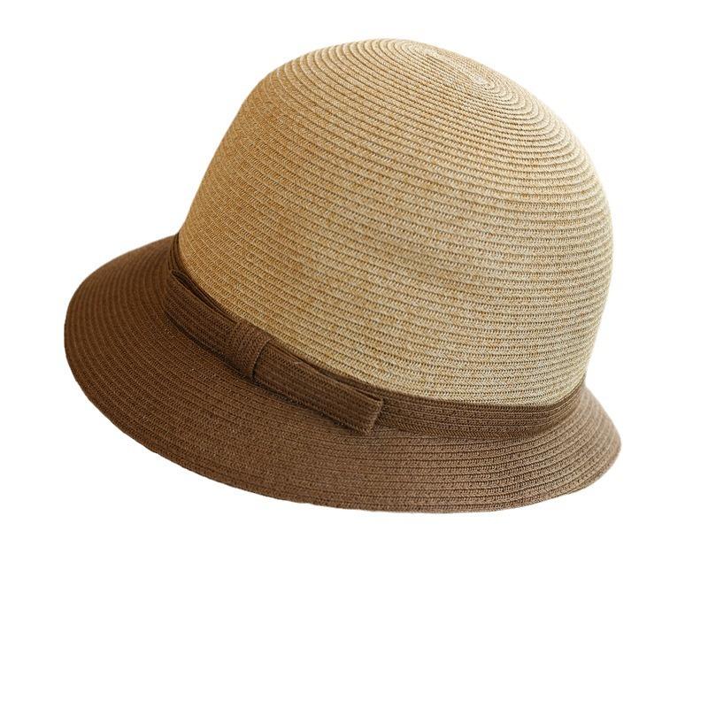 Color Matching Eaves~ Simple Casual Straw Bow Fisherman Straw Hat Spring and Summer Travel Sunshade Basin Hat Woman