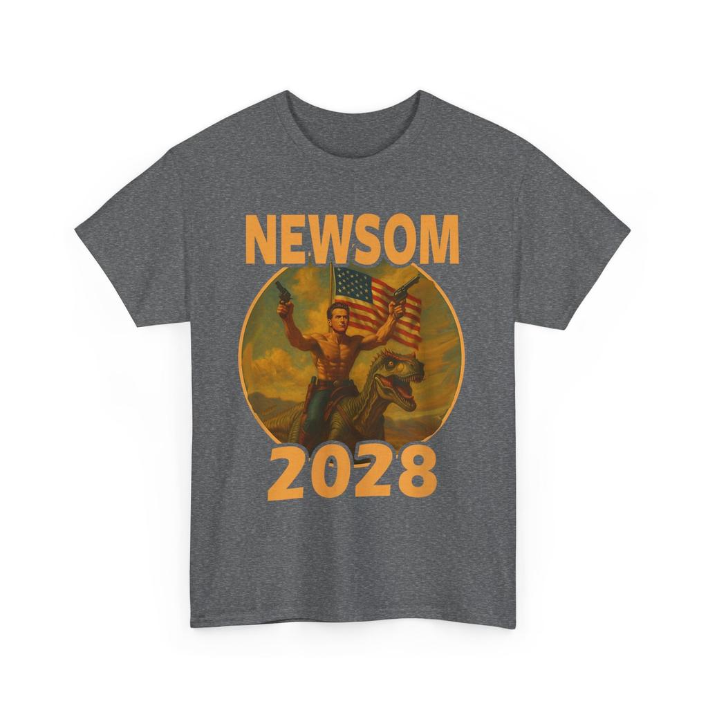 Gavin Newsom 2028 Leader Patriottico Audace Che Cavalca un Dinosauro Maglietta