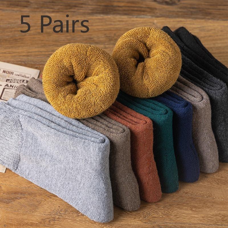5 Pairs of Winter Men's and Women's Socks Padded and Thickened Warm Terry Solid-coloured Mid-calf Floor Socks Imitation Rabbit Wool Socks