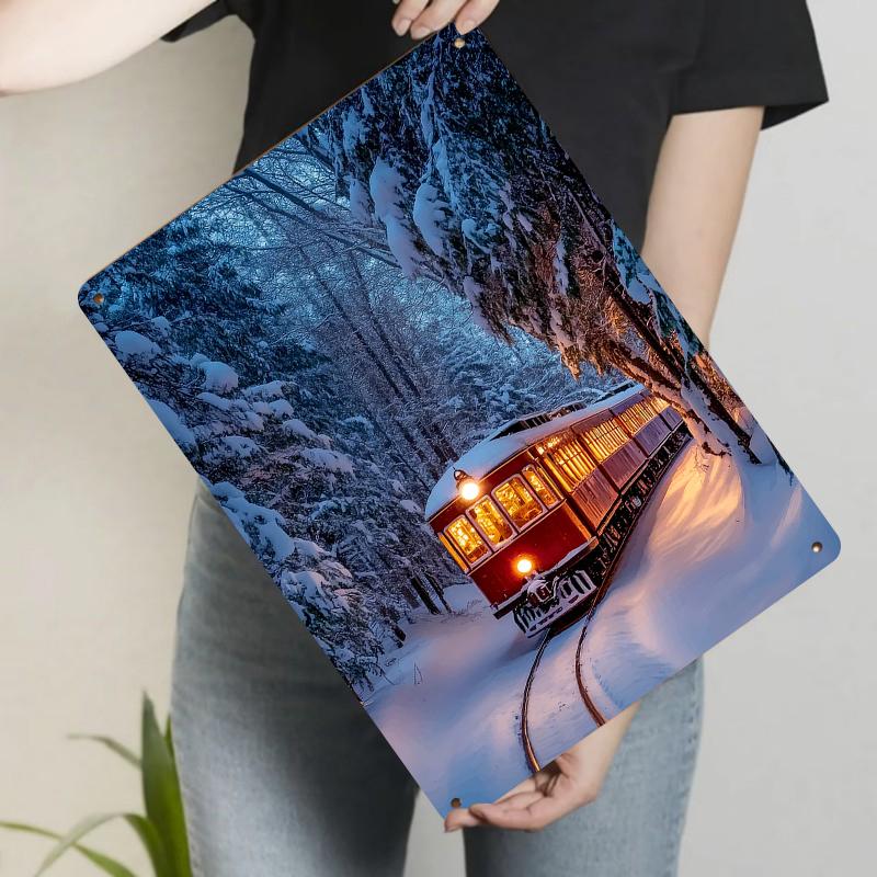 Winter Forest Vintage Tram Snow Scene Metal Wall Art Living Room Decorative Painting Home Decoration