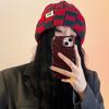 Chessboard knitted hat women's autumn and winter niche big head circumference wool hat showing face small Christmas hat