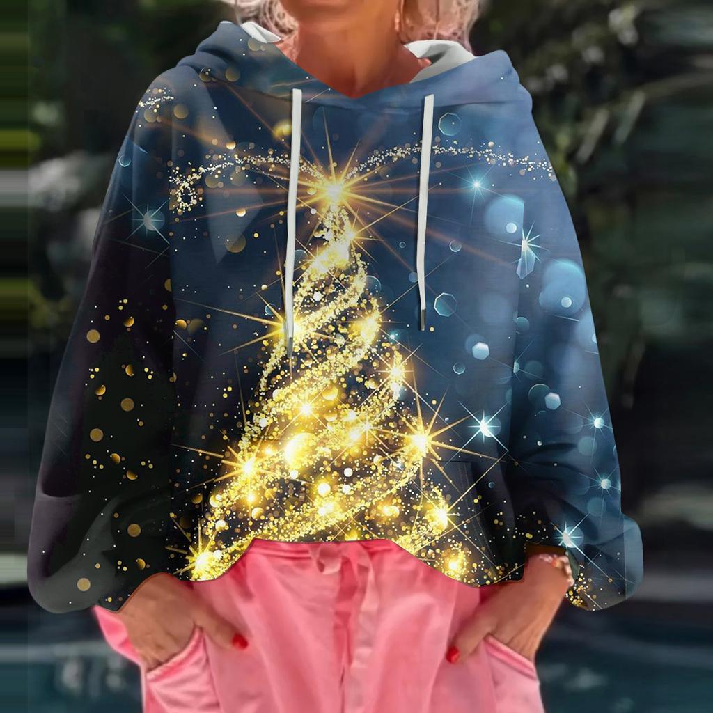 Dámská vánoční potištěná volná ležérní mikina s dlouhým rukávem a kapucí