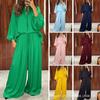 Women V Neck Lantern Sleeve Long Sleeve Loose Top Elastic Waist Wide Leg Pants Two Piece Set