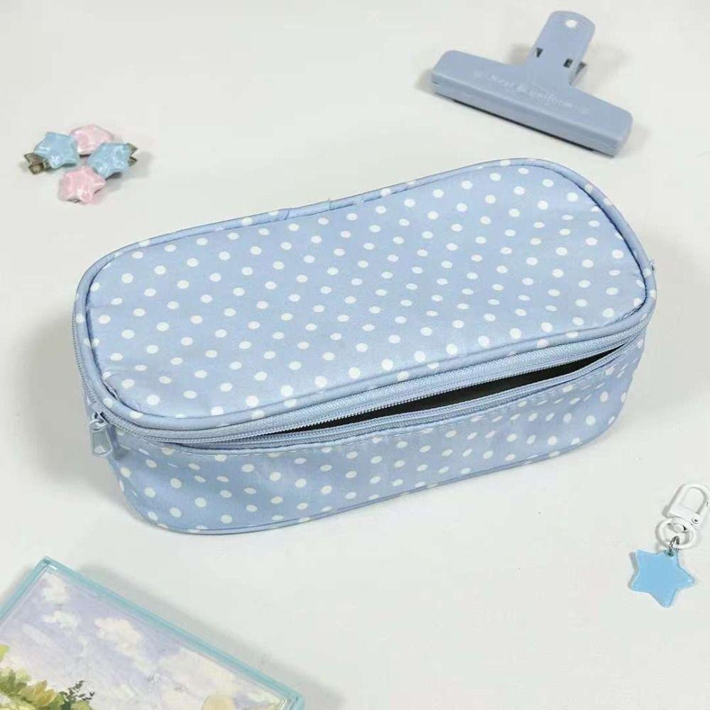 Simple Blue Polka Dot Pencil Case Large Opening Design Large Capacity Stationery Pouch Pen Bag Students