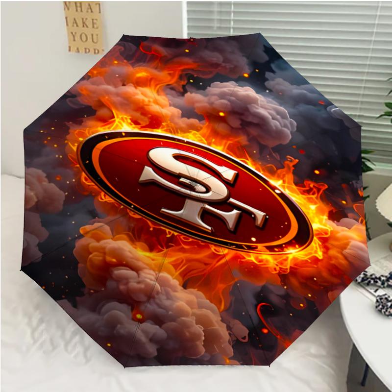 San Francisco 49ers LOGO Print Automatic Umbrella, 8 Rib Iron Frame, Plastic Handle, Suitable for Outdoor Travel &Daily , Ideal Gift