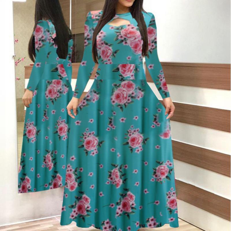 

Платье с длинным рукавом в стиле бохо с цветочным принтом, женские длинные платья на весну и осень, круглый воротник, большие качели XXXXXL
