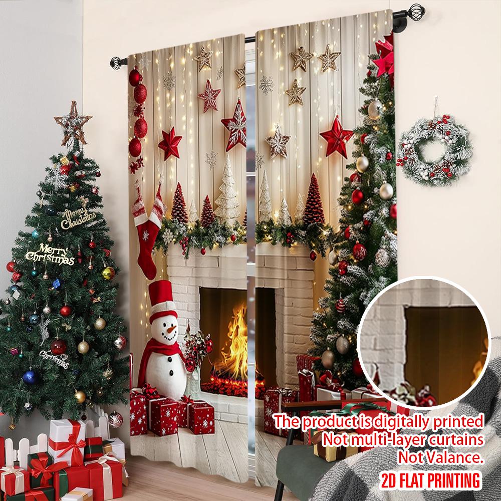2 szt. płaskie drukowanie 2D Zasłony okienne świąteczne Bałwan kominek Poliester Można prać w pralce Bez elektryczności Świąteczny