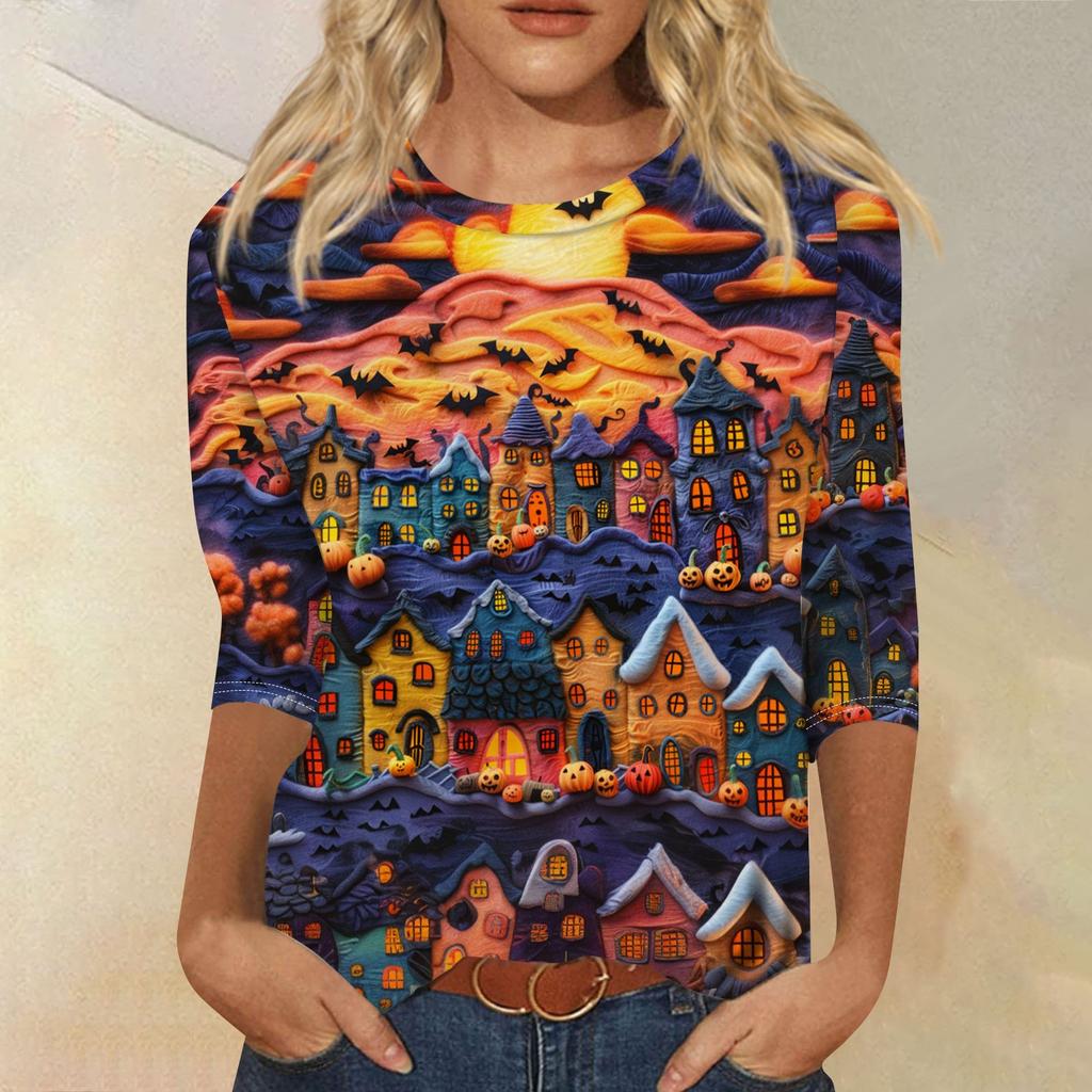 3/4 Sleeve Shirts For Women Cute 3D Halloween Printed Graphic Tees Blouses Casual Plus Size Basic Tops Pullover