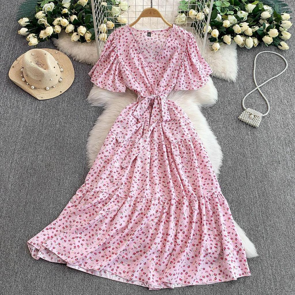 French Sexy Floral V-Neck Short Sleeve Lace-Up Waist Slim Pleated Long Dress