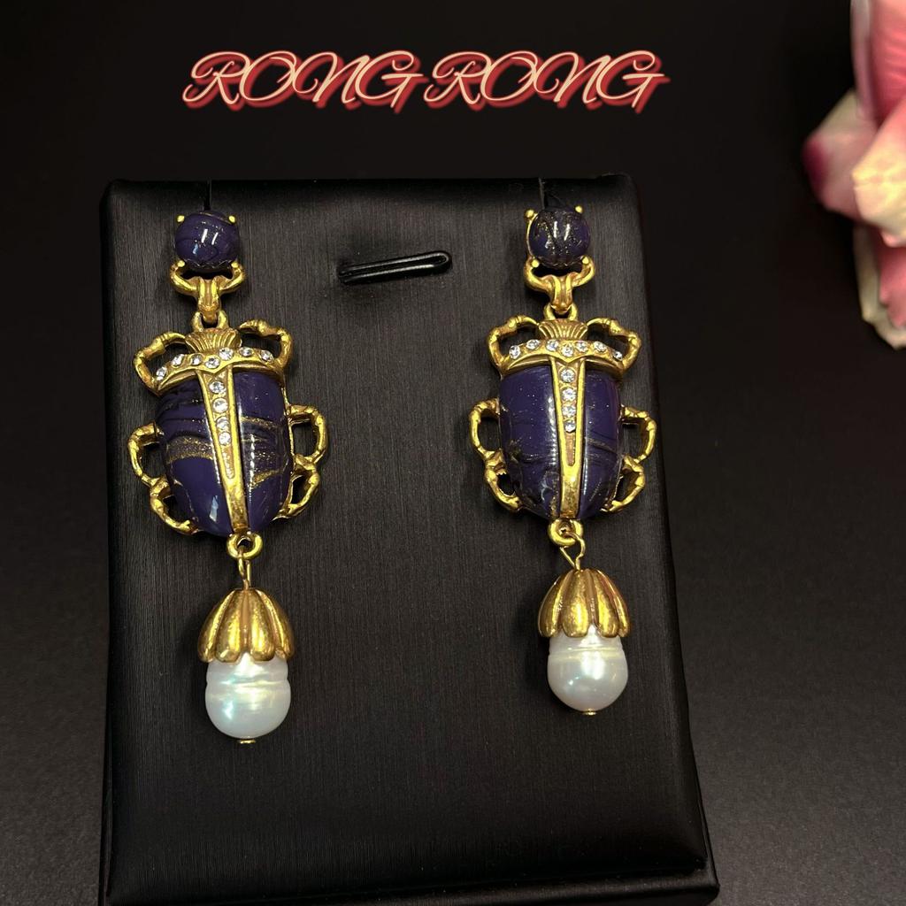 Vintage Heavy Industry Beetle Shaped Pearl Pendant Earrings With French Court Style Electroplated Antique