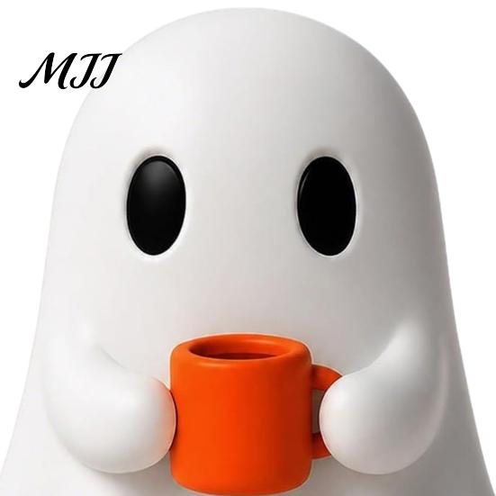 Unique Holiday Gift Ghost Drinking Coffee Figurine, 3D Printed Cute White Holding A Mug Fall Seasonal Decor Statue, Spooky Halloween Decoration