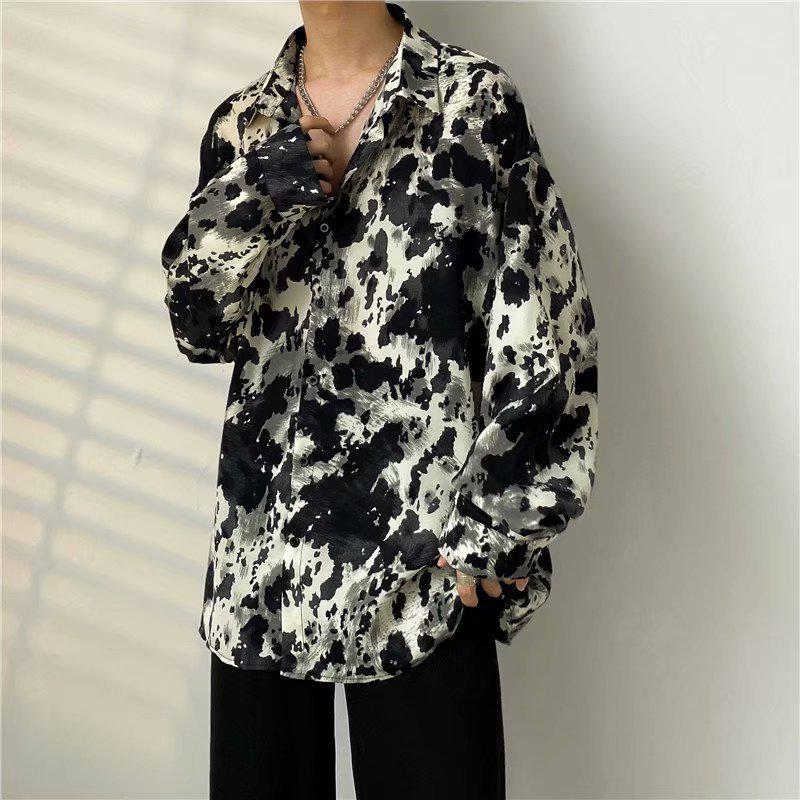 Men's Japanese-Style Full Print Long Sleeve Shirt - Casual, Trendy, Hong Kong-Style Cardigan for Spring/Autumn