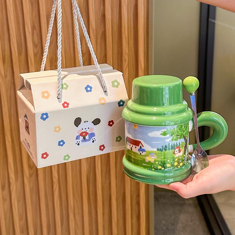 Cute Fairy Tale Puppy Water Cup Couple High Value Ceramic Mug with Lid Spoon Birthday Graduation Gift for Boys and Girls