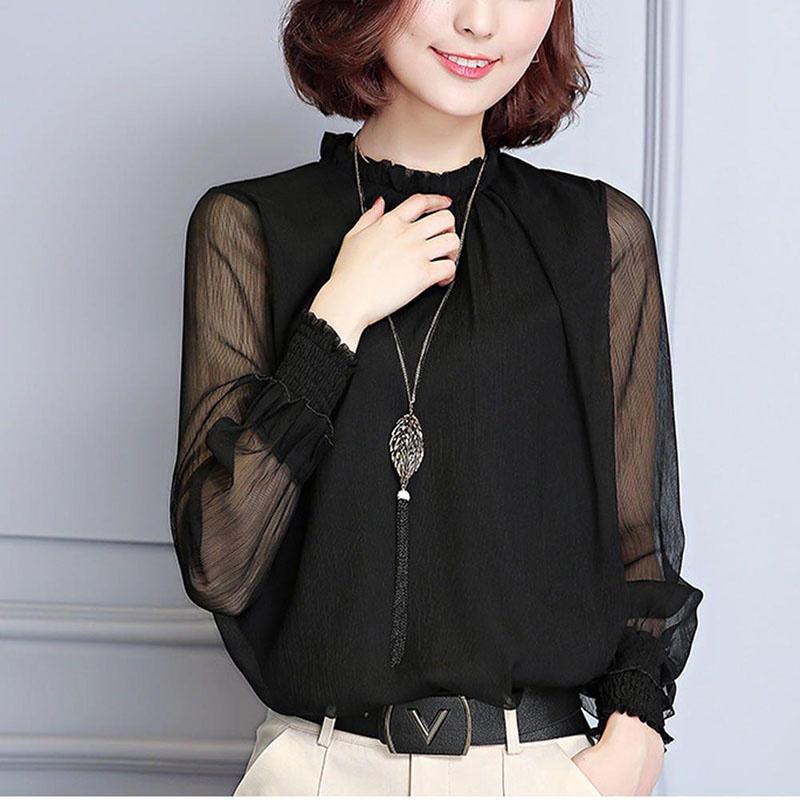 Womens Spring Chiffon Shirt With Lace Vneck And Long Sleeves For Casual Daily Wear