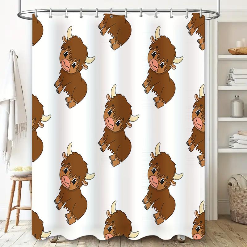 12-piece Set Waterproof Cartoon Animal Bathroom Curtain with Hooks Cute Buffalo Print Design for Home Decor In White White Color