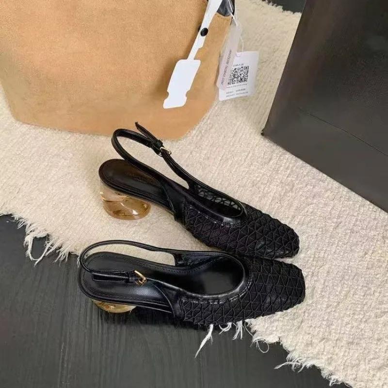 Women's Single Shoes with Heels Strange Style Square Toe Fabric Women's Mules Leisure Breathable All-match Zapatillas De Mujer