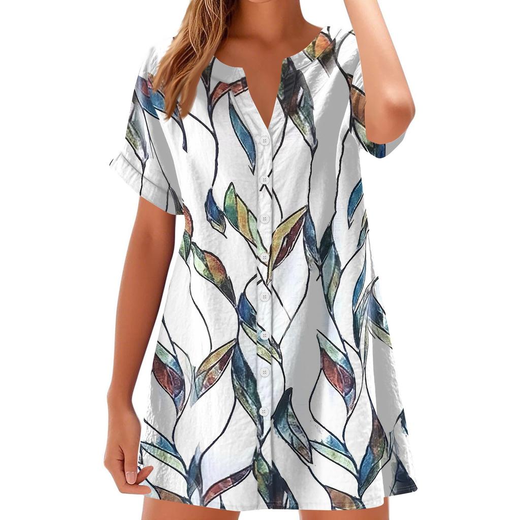 Women Fashion Casual V-neck Short Sleeve Button Retro Floral Print Dress