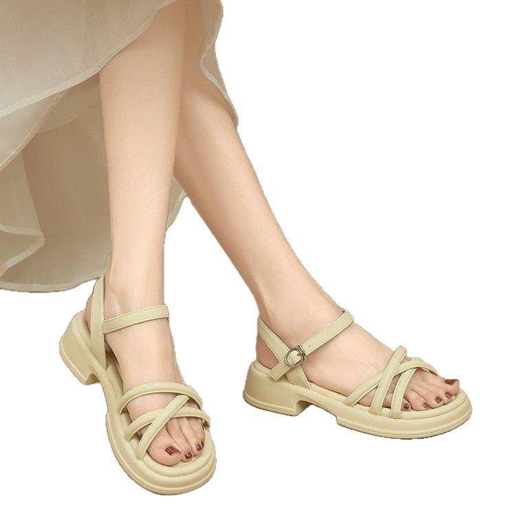 Versatile thick-soled heightening sandals for women's outer wear 2025 summer new fashionable and foreign casual flat-bottomed one-word buckle sandals
