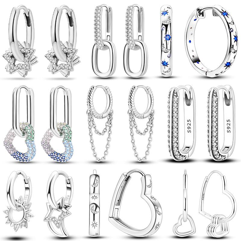 925 Silver Hoop Earrings For Women Zircon Heart Star Drop Fashion Jewelry Original Design