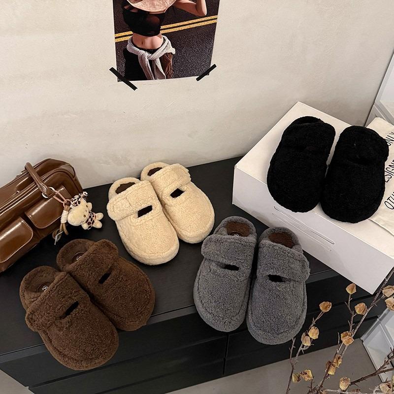 Fashionable Fleece Lined Flat Bottom Fur Slippers Women's Cotton Mary Janes Warm Autumn Winter Rubber Surface Slippers