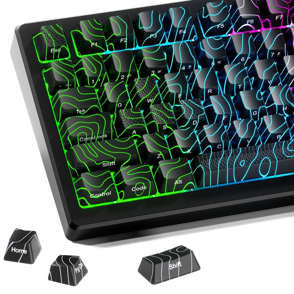 XVX Topographic Design Contour Transparent IMD Custom OEM MX Keyboard Gaming Black 2.0 Keycaps, Engraving, Profile, Cherry/Gateron Compatible,