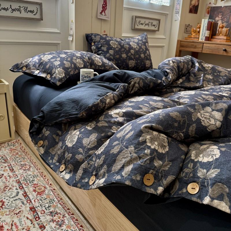 2026 Vintage Linen-like Floral Bedding Set 100% Cotton Button Soft Bed Sheets