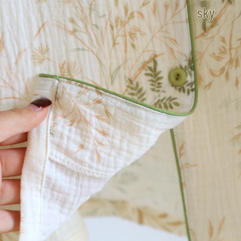 Women's Three-Piece Pure Cotton Gauze Pajama Set - Short Sleeve and Long Pants