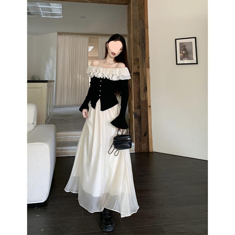 

Женский трикотажный топ с оборками и открытыми плечами и юбка миди из сетки с высокой талией L