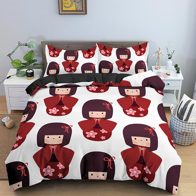 Japanese Doll Printed King Queen Duvet Cover Cartoon Lucky Cat Bedding Set For Kids Girls Fan White 2/3PCS Polyester Quilt Cover