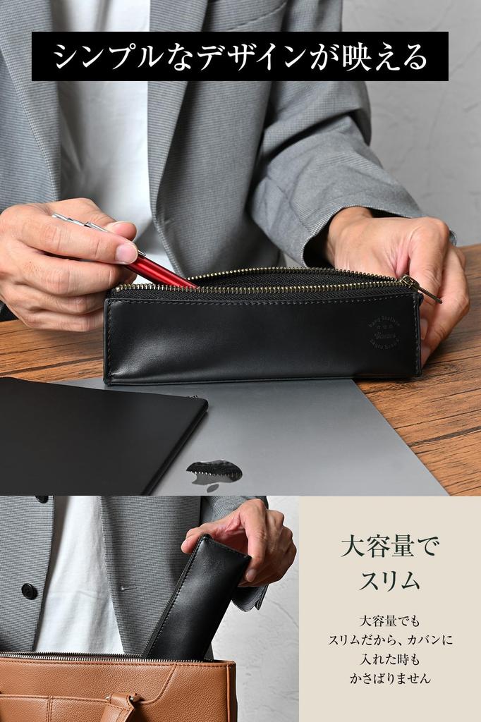 Leather Pen Case for Genuine Large YKK Stands Triangular Cowhide Yellow Stitching Men, Slim, Stylish, Leather, Capacity, Zipper, Upright, Shape,