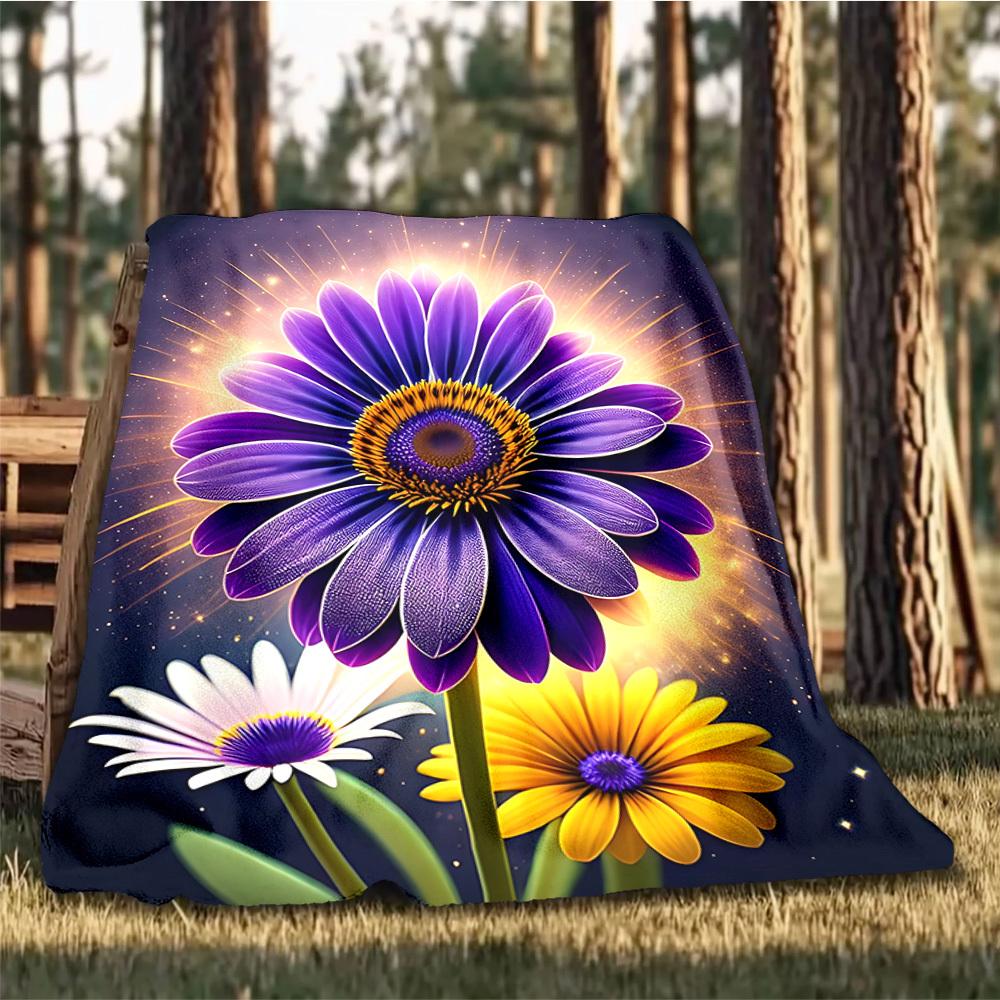 1pc Purple Daisy Outdoor Flannel Blanket Soft All Season Polyester Throw , Perfect for Picnics & Travel , Picnic Accessory