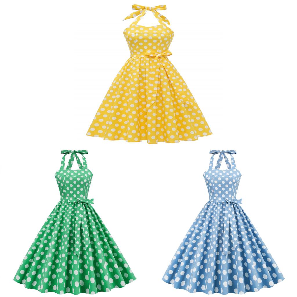 Vintage Polka Dot Cotton Dress With Tie Back And Offshoulder Design For Women
