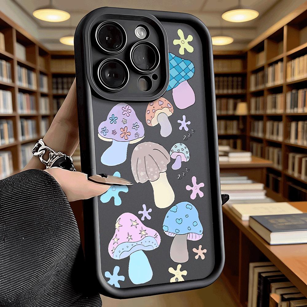 Pastel Cute Mushroom Stickers Soft TPU Phone Case for iPhone 17 16 15 14 13 12 11 Pro Max Plus Shockproof Anti-Slip Cover