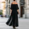 Off Shoulder Pleated Chiffon Maxi Dress for Women Elastic Waist Half Sleeve Long Evening Gown with Slit