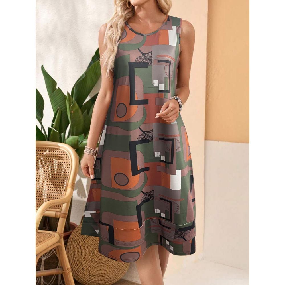 

Летние платья для женщин Пляжный жилет с цветочным принтом Сарафан Повседневный Карманы Платье-майка в стиле бохо XXL коричневый