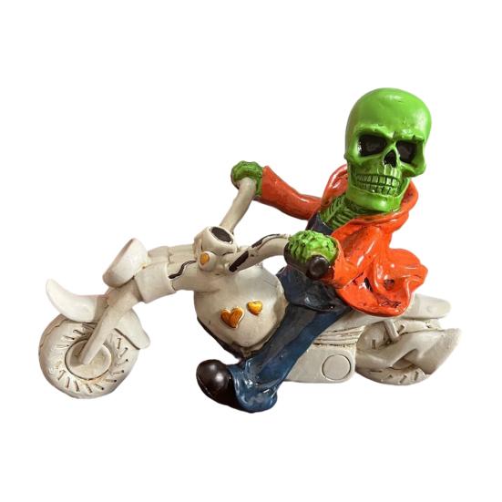 Unique Motorcycle Enthusiast Gift Halloween Skeleton Riding Figurine, Gothic Spooky Statue for Home Gifts Skull Collectors Garden, Resin Biker
