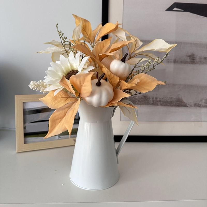 Artificial Flower Bouquets Artificial Leaf Simulation Pumpkin Branch In Metal Vase for Thanksgiving Halloween Decoration