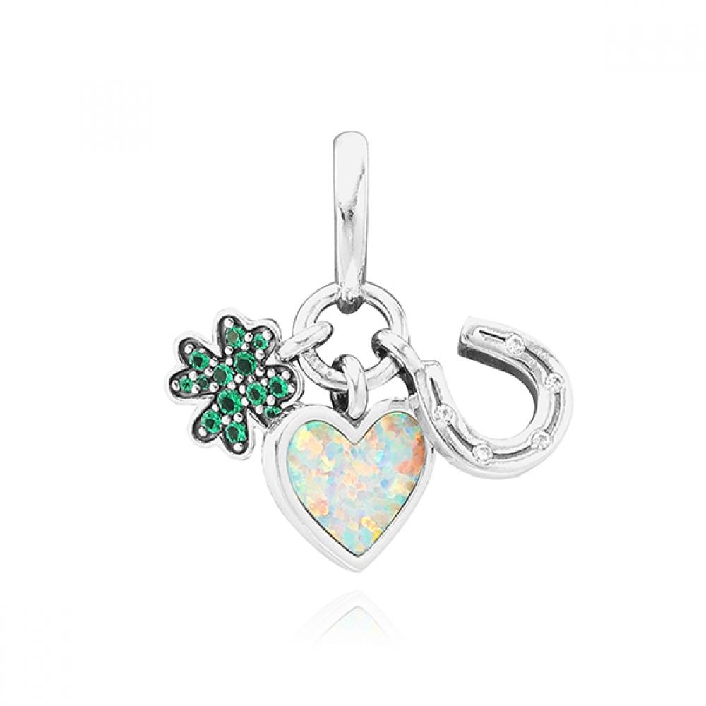 

PAndora 792755c01 Four Leaf Clover Heart Horseshoe Triple Pendant And Dangle Silver Charm 792755C01