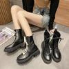 Autumn Winter Boots Round Toe Med Heel Boots Women ' ;S Shoes Women Booties Ladies Luxury Designer Goth Black  Leather Platform