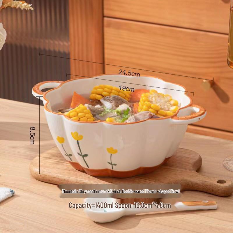 Charming Ceramic Double-Ear Berry Petal Bowl for Fruit, Salad, or Noodles - Anti-Scald Design.