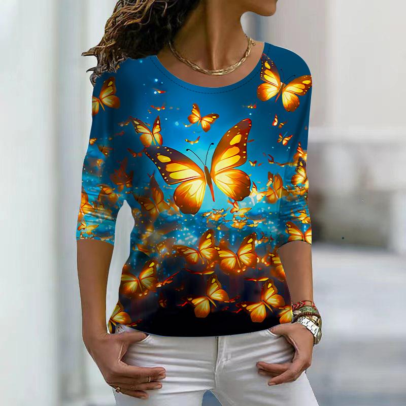 Women Autumn Tops Loose Blue Beautiful Butterfly Print Causal Long Sleeve T-shirt Top Blouse