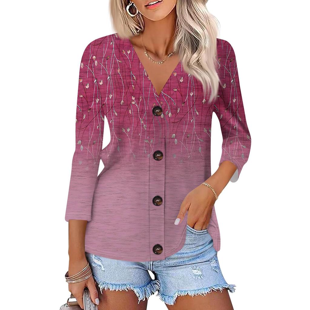 Women's Fashion Casual  Print Button-Down Shirt Three-quarter Sleeve Cardigan Top