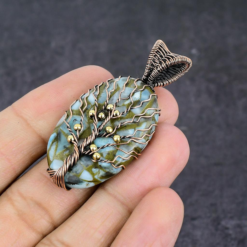 Natural Copper Larimar Handmade Copper Wire Wrap Tree Of Life Pendant 2.17" n0m20