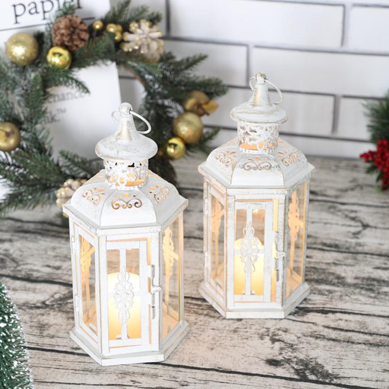 RTS Azioni USA Set di 2 Lanterne Candela Decorative in Metallo Bianco Vetro Stile Marocchino Vintage Portacandele Lanterna da Appendere
