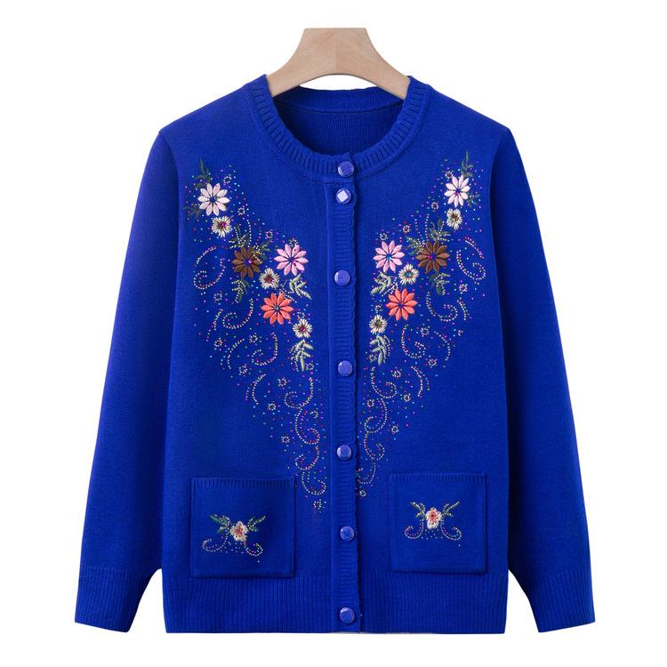 

Одежда для пожилых женщин Осень-Зима Модный вязаный свитер-пальто Бабушка Тонкий вышитый свитер Для мам среднего и пожилого возраста Кардиган 2XL