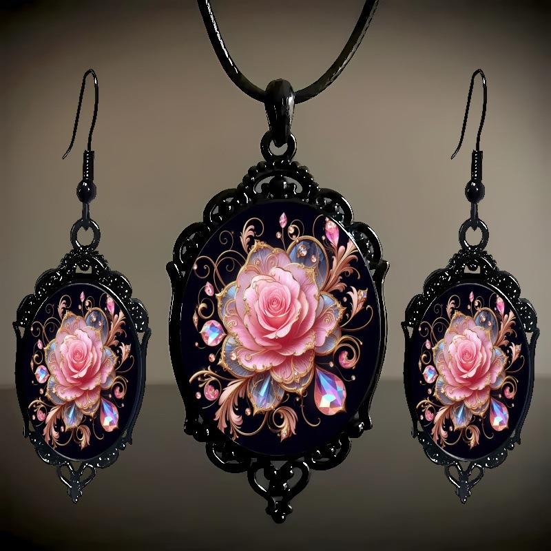 Flower Pattern Black Frame Glass Pendant Earrings, Necklace Set