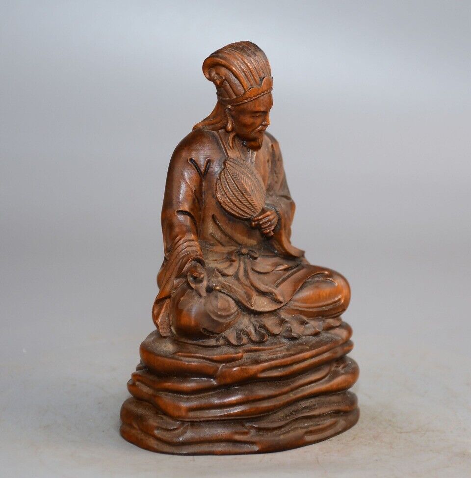 Chinese Antique Vintage Boxwood Carving Exquisite Zhuge Liang Statue Home Decor