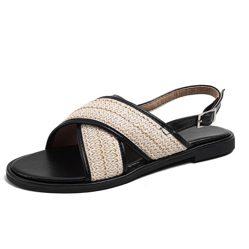 Grape mother has the same 2025 new woven surface cross-buckle with round head open-toed versatile women's platform sandals for summer wear