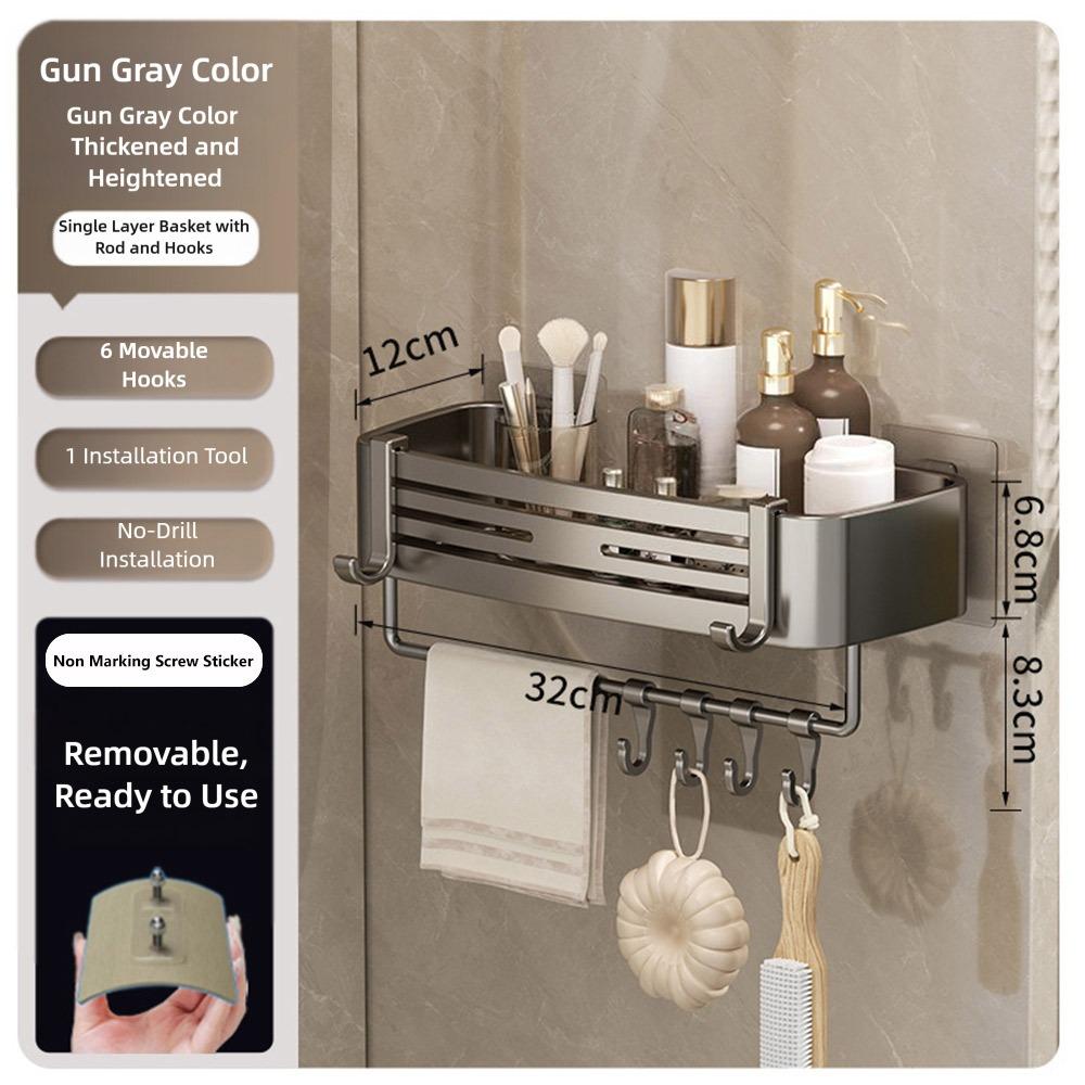 Simple Aluminum Alloy Bathroom Storage Rack Wall Mounted Non Perforated Bathroom Toiletries Holder Shower Storage Shelf Home