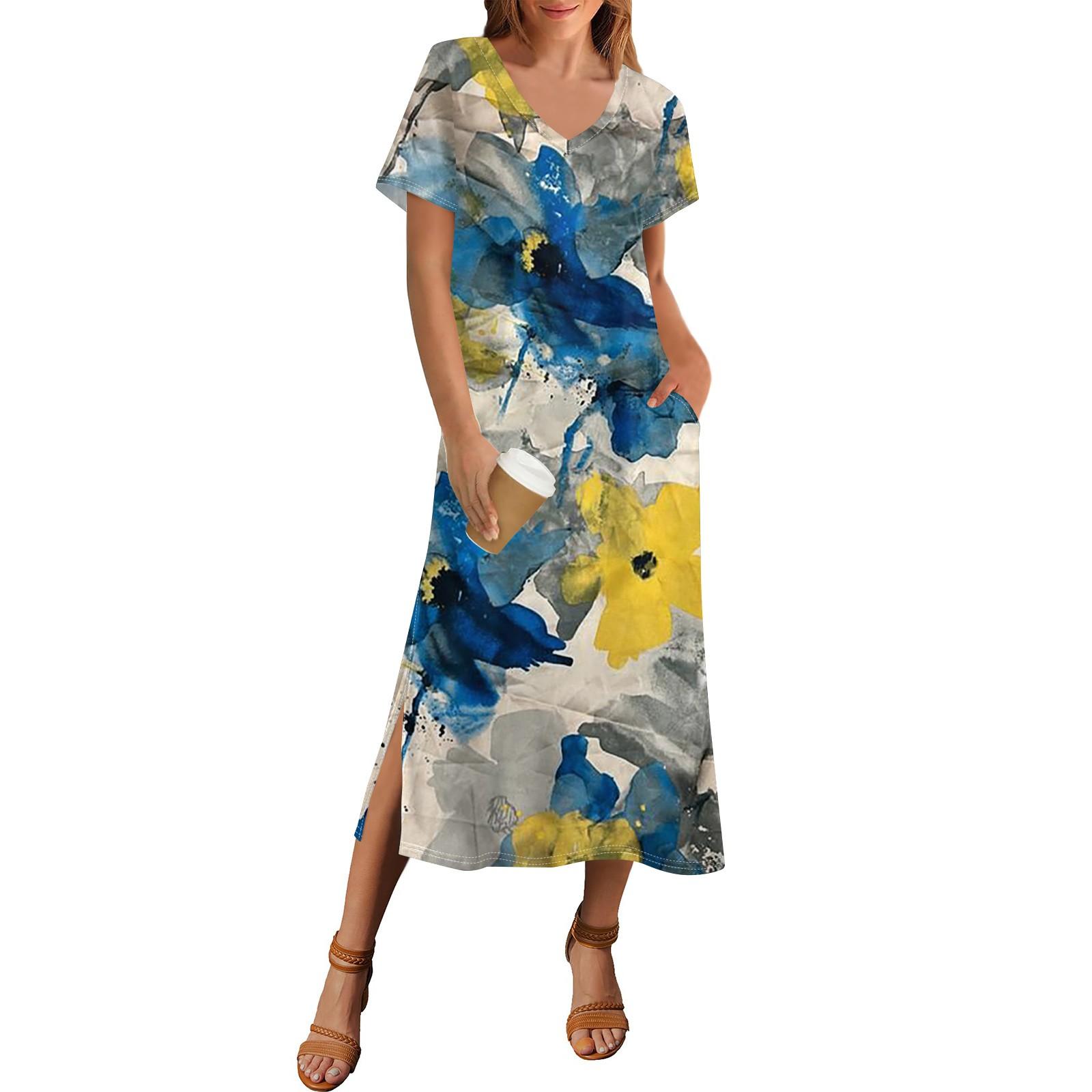 

Женское летнее платье с принтом в горошек, пляжное платье с коротким рукавом и карманом, повседневное платье с V-образным вырезом и боковыми разрезами XXXL